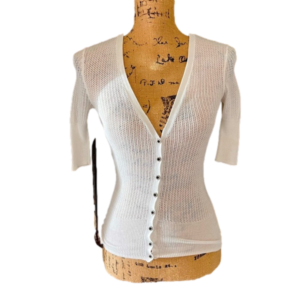 Between Me & You White 3/4 Sleeve V-neck Button Up Cardigan Excellent Size S